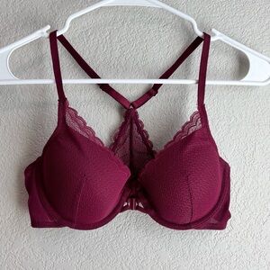 Auden Lightly Lined Demi Coverage Racerback Lace Bra Dark Pink 34B Front Closure